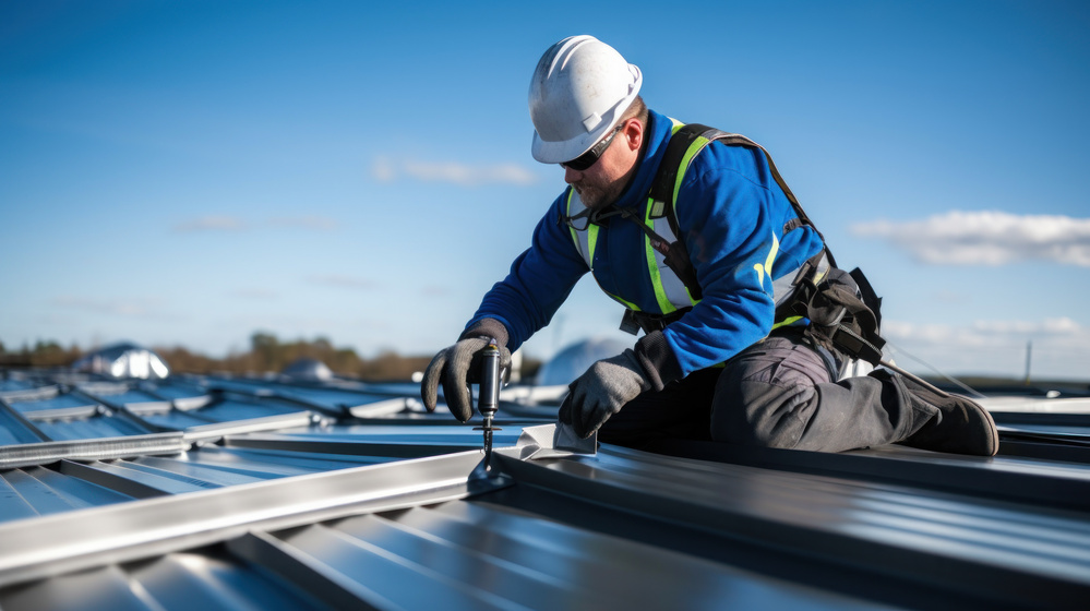 Close-up construction technician installing metal sheet roof and sky