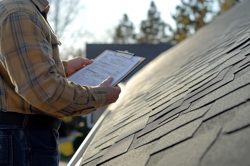 A roofing contractor examines the quality of a newly installed roof, holding a clipboard and reviewing inspection notes in daylight