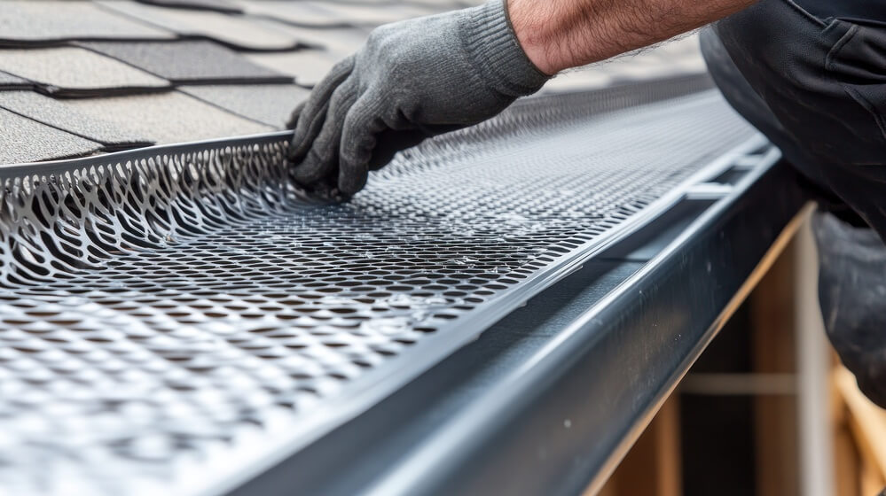 Contractor Adjusting Plastic Gutter Guards on house roof