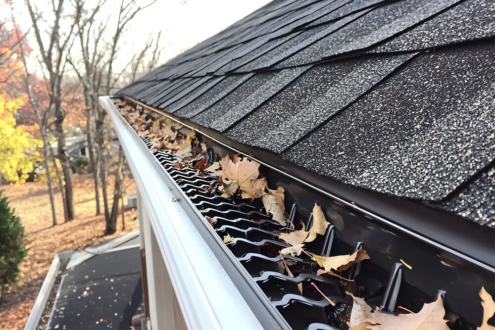 Autumn leaves in gutter guard, roof, home exterior