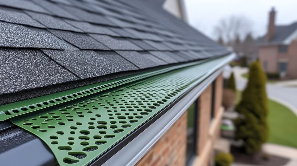 A closeup aerial view of a triple white gutter system with soffit vent, gutter guard, drop outlet, downspout, vinyl elbows, and decorative trim molding on the corner of a brick luxury house in America during the evening, taken with a full-frame camera with a 24-70mm lens, warm artificial light, high-detail architectural photography, without humans, realistic, deep color, super detailed, 8K, high resolution, best photo
