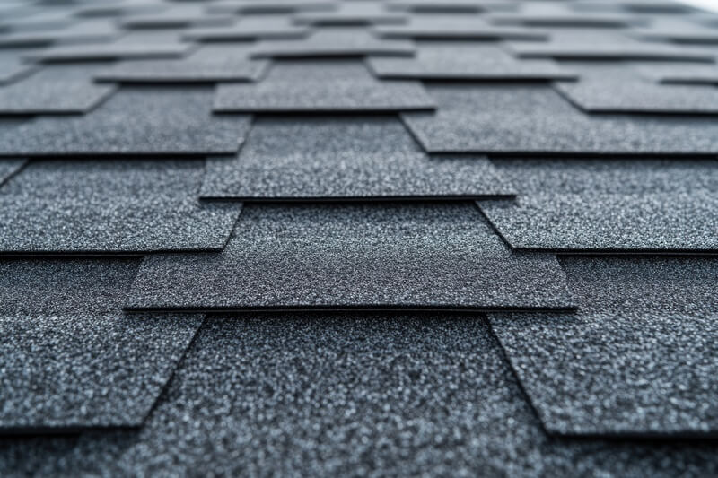 Close up of architectural asphalt shingles on a roof showcasing texture pattern and gray color tone creating a durable and protective layer with a modern aesthetic