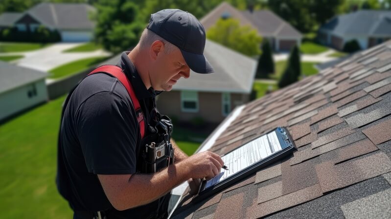 A roof inspection in progress, with an inspector carefully examining the shingles, gutters, and overall roof structure, highlighting potential areas of concern