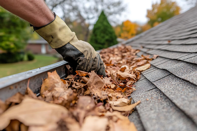 Gloved hand cleaning leaves and debris from gutter on roof. Autumn season home maintenance. Clearing clogged gutters to prevent water damage.