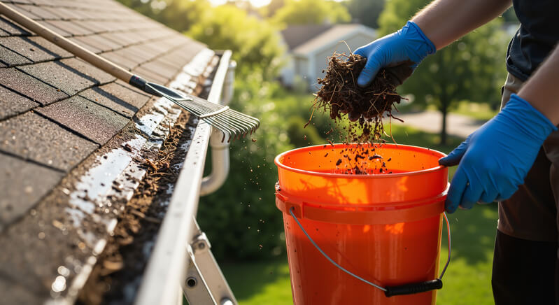 Gloved hands removing leaves from house gutter into orange bucket for seasonal roof cleaning flat lay for DIY articles and guides