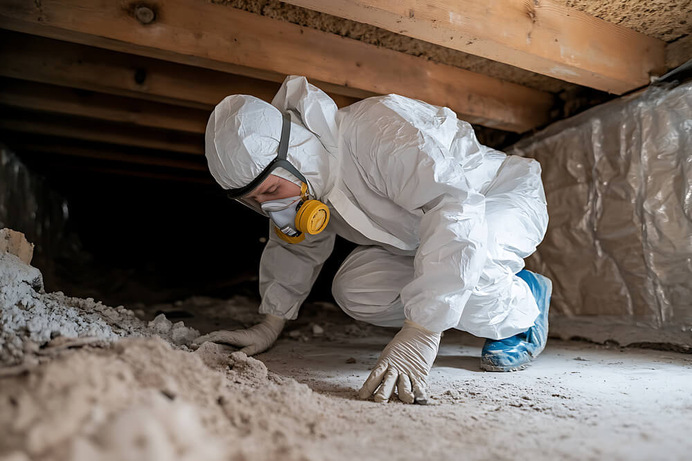 Inspector in protective suit examining crawl space. Environmental testing and remediation. Safety gear and mask for hazardous material assessment.